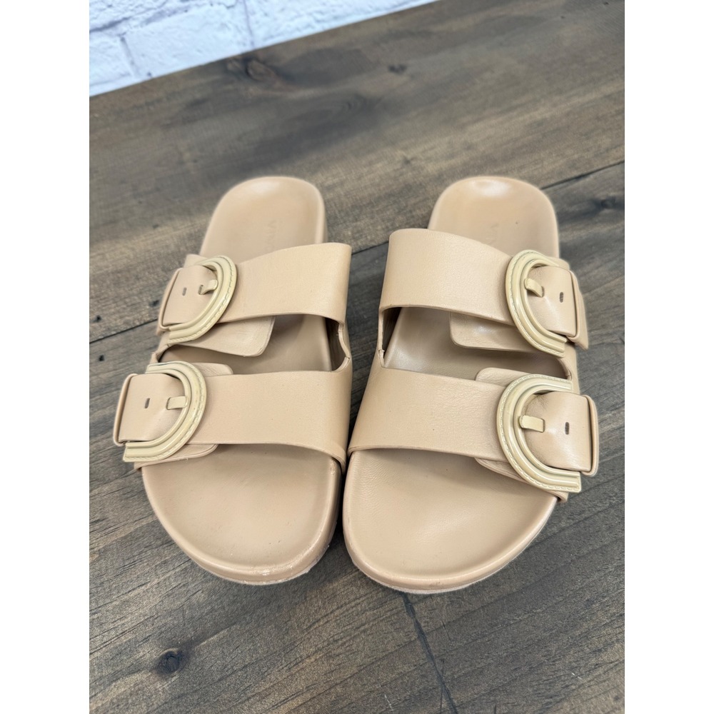 Vince Glyn Beige Leather Double Buckle Slide Sandals Womens Size 6M EUR 36